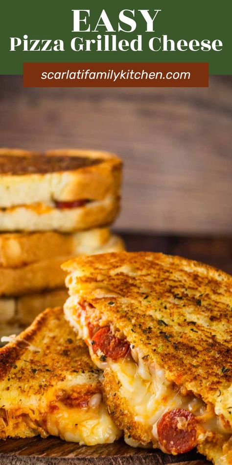 This easy pizza grilled cheese sandwich is made with pepperoni, mozzarella and marinara. A delicious twist on the comfort food classic! Pepperoni Pizza Grilled Cheese Sandwich, Blackstone Grilled Cheese, Grilled Cheese Pizza, Pepperoni And Mozzarella, Pizza Grilled Cheese Sandwich, Crowd Food, Italian Gravy, Grilled Dinner Recipes, Tasty Sandwiches