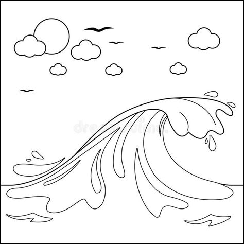 Sea background with big wave. Vector black and white coloring page. Wave in the ocean. Vector black and white coloring page stock illustration Sea Waves Drawing, Wave Coloring Page, Sea Doodles Waves, Water Drawing Black And White, Ocean Outline, Ocean Wave Sketch, Waves Coloring Pages, Water Coloring Pages, Red Sea Coloring Page