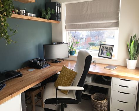 Our new home office. Oak worktop, IKEA Alex drawers and Farrow & Ball Inchyra feature wall. Feature Wall In Office Space, Home Office Uk Ideas, Feature Wall Home Office, Study Ikea, Oak Home Office Ideas, Ikea Alex Drawers Desk, Home Office Setup 2 Desks, Office Snug Ideas, Ikea Home Office For Two