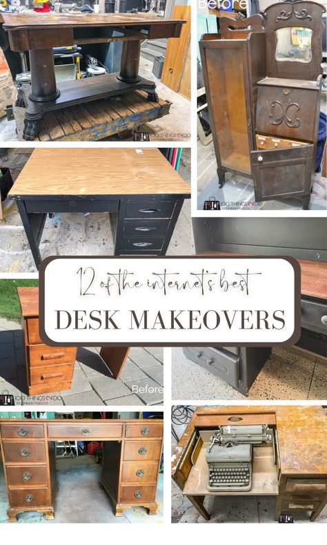 12 of the Internet's Best Desk Makeovers! - 100 Things 2 Do Repurposed Office Furniture, Repurposed Writing Desk, Rustic Desk Diy, Bulky Desk Makeover, Office Desk Redo Ideas, Old Wooden Desk Makeover, Wooden Desk Makeover Diy, Antique Standing Desk, Side By Side Secretary Desk Makeover