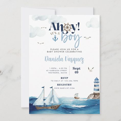 Nautical Baby Shower Boy, Sailor Baby Showers, Nautical Baby Shower Invitations, Nautical Invitations, Sailor Baby, Nautical Wedding Invitations, Ahoy Its A Boy, Blue Boat, Baby Shower Supplies