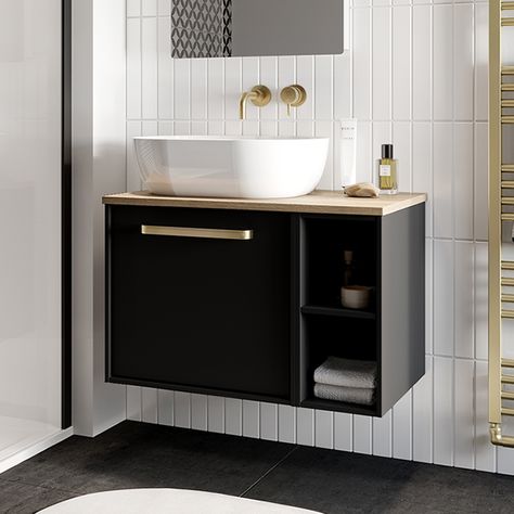 Black Countertop Bathroom, Bedroom Ensuite Ideas, Downstairs Wc, Counter Top Basin, White Worktop, Downstairs Toilet, Black Vanity, Bathroom Units, Sink Countertop