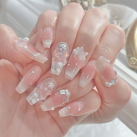 Slay Nails, Asian Nail Art, Clear Glitter Nails, Adorable Nails, Uñas Aesthetic, Uñas Ideas, Nail Aesthetic, Korean Nail, Fake Nails Designs