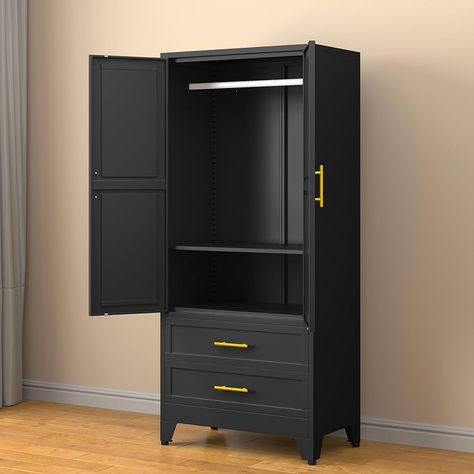 Amazon.com: RISTERN 71” Metal Storage Cabinet with 2 Doors, 1 Adjustable Shelf and 2 Draws, Armoire Wardrobe Closet with Hanging Rods for Home Office, Bedroom, Living Room (Green) : Home & Kitchen Black Storage Cabinet, Office Armoire, Armoire Wardrobe Closet, Metal Storage Cabinet, Sewing Room Inspiration, White Storage Cabinets, Armoire Wardrobe, Black Storage, Living Room Black