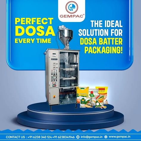 - 𝗗𝗢𝗦𝗔 𝗕𝗔𝗧𝗧𝗘𝗥 𝗣𝗔𝗖𝗞𝗔𝗚𝗜𝗡𝗚 𝗠𝗔𝗖𝗛𝗜𝗡𝗘𝗦 - GEMPAC assures the highest quality Dosa/Idli Batter Packaging Machine, and it helps with the effortless packaging of batter. Save time and manpower costs with this excellent batter packaging machine from GEMPAC. ☑️ High accuracy and higher consistency ☑️ Contact parts full of food-grade materials ☑️ Operator-friendly PLC controller Dosa Batter Packaging, Idli Batter, Dosa Batter, Packing Machine, Packaging Machine, Save Time, Food Grade, Packaging