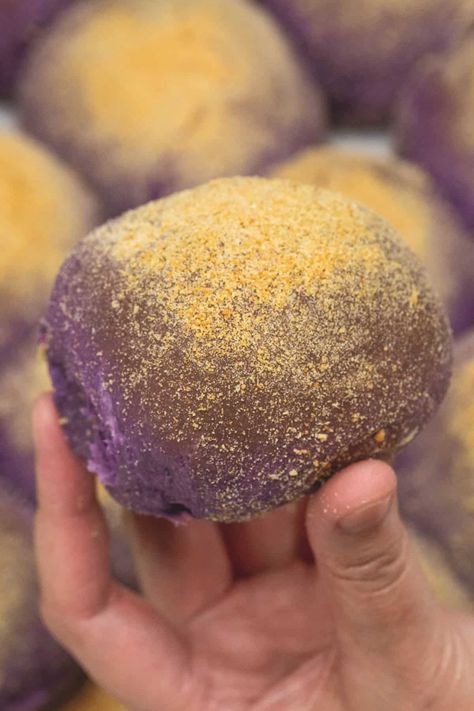 Ube Cheese Pandesal Recipe - Recipes by Nora Ube Banana Bread, Cheese Pandesal Recipe, Ube Cheese Pandesal, Filipino Sweets, Filipino Bread, Pandesal Recipe, Ube Halaya, Purple Food Coloring, Bread Soft