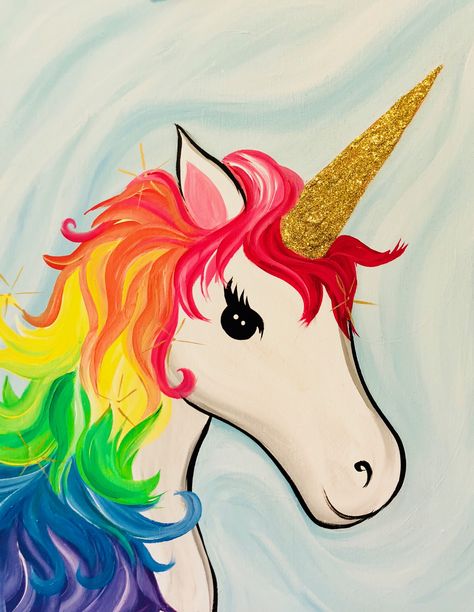 Simple Unicorn Painting, Unicorn Painting Acrylic Easy, Unicorn Art Project, Unicorn Painting Ideas, Easy Unicorn Painting, Unicorn Painting Canvas, Unicorn Acrylic Painting, Unicorn Paintings, Rainbow Canvas Painting