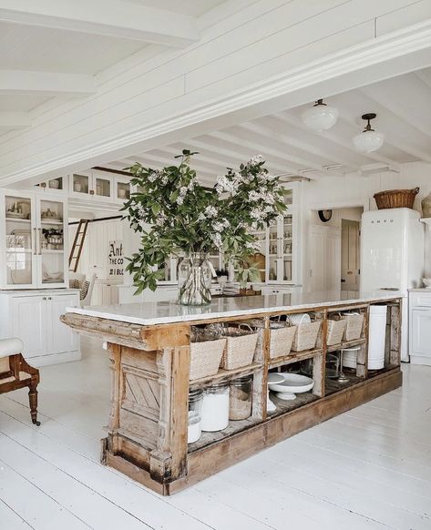 Antique Kitchen Island, Liz Marie, Liz Marie Blog, White Cottage, Antique Kitchen, Kitchen Island Design, Cozy Kitchen, Summer Kitchen, French Farmhouse