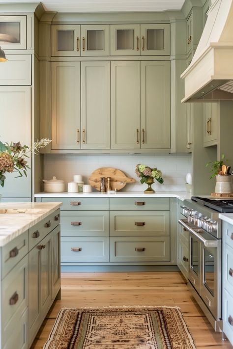 Consider a soft pastel palette if you want to add a touch of whimsy and freshness to your farmhouse kitchen. Soft pastels like mint green, baby blue, and Mint Blue Cabinets, Seafoam Green Cabinets, Light Blue Green Kitchen, Mint Kitchen Ideas, Light Green Kitchen Ideas, Pale Green Kitchen Cabinets, Minimal Green Aesthetic, Mint Green Kitchen Cabinets, Grey Green Kitchen