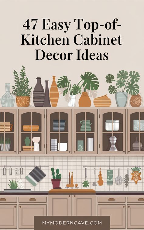 Do you have an empty gap above your kitchen cabinets? Let’s turn that into a gorgeous design opportunity! Check out 47 creative ways to style this often-ignored space. Incorporate lush plants for a pop of greenery, display charming vintage finds, or use stylish storage baskets to blend beauty with practicality. This collection offers decorating ideas for every style, from rustic farmhouse to contemporary chic, so you can make your kitchen feel personalized and polished. Farmhouse Decor Kitchen Cabinets, Ideas To Decorate Top Of Kitchen Cabinets, Kitchen Decor With Wood Cabinets, What To Do With Open Space Above Kitchen Cabinets, Kitchen Cabinet Wall Ideas, Storage Baskets Above Kitchen Cabinets, Plants On Side Of Kitchen Cabinet, Kitchen Top Cupboard Ideas, Style Top Of Kitchen Cabinets