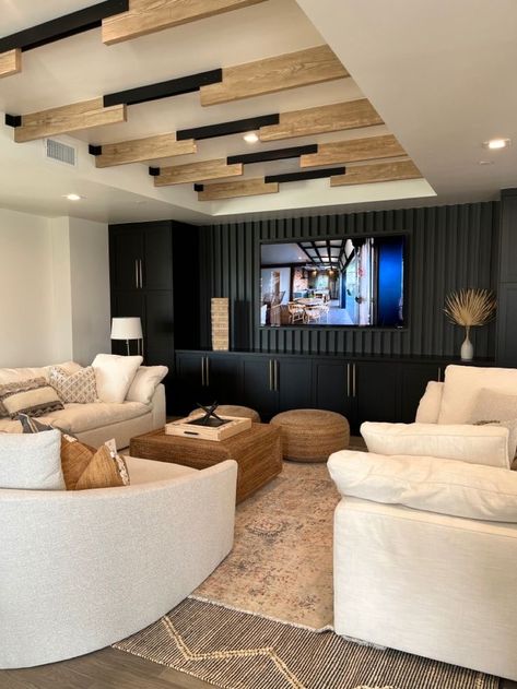 Movie Lounge Room, High End Eclectic Living Room, Family Loft Ideas Upstairs Cozy, Black And Cream Basement, Basement Inspo Cozy, Sports Theme Basement Ideas, Dark Colored Basement, Modern Farmhouse Movie Room, Home Rec Room