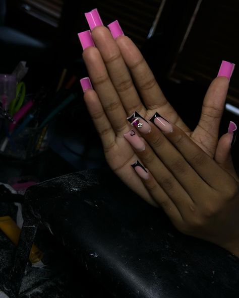 Black French with pink bottoms - - - - - - - - - - - - - - - - - #nails #nailtech #brocktonnailtech #brocktonma #explore #explorepage Black Nails Pink Bottoms, Nails With Pink Bottoms, Pink Bottom Nails, Nails With Pink, Black Acrylic Nails, French Pink, Pink Bottoms, Pink Bottom, Black French