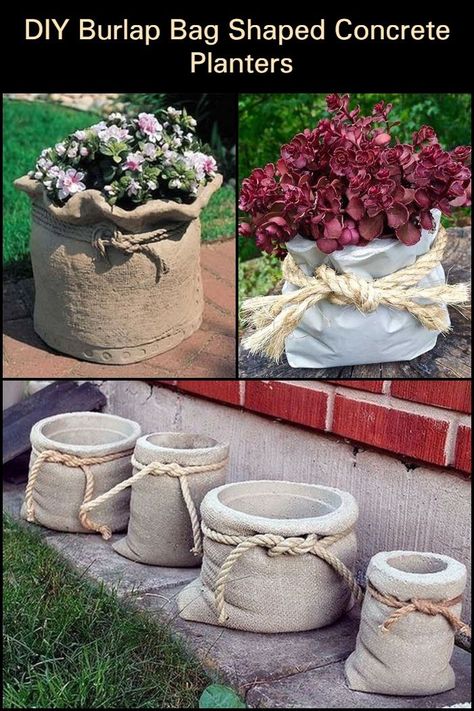 These DIY burlap bag-shaped planters will look good in your garden!  This is a simple project with beautiful results. Diy Burlap Bags, Concrete Garden Ornaments, Cement Flower Pots, Diy Concrete Planters, Cement Garden, Cement Diy, Concrete Diy Projects, Diy Burlap, Garden Crafts Diy