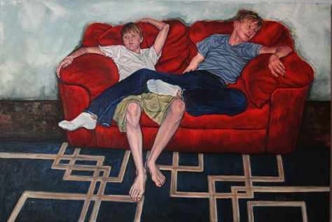 Couch Culture Series: ‘Brothers' Acrylics on Canvas By Deb Larson *I never tire of watching my boys. They are an on-going source of wonder. The way they are sitting says a lot about their relationship and individual characters even to this day. In this painting I am experimenting with paint application and broken brushwork So begins the couch culture series - snapshots of people relaxing. Couch Art Reference, Sitting On The Couch, Couch Pose Reference, Sofa Sitting Pose, Two People On Couch Reference, Laying On A Couch Pose, Sofa Reference, Two People Sitting On A Couch Drawing Reference, Two People Sitting On Couch Reference