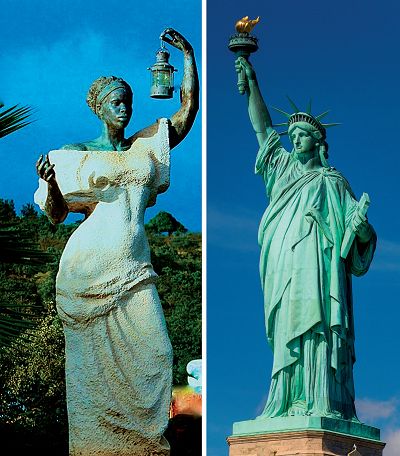 Figure 1: The Statue of Liberty in Black and White. At left is Lady Liberty of Freedom Point on the island of St. Martin, a public sculpture by Theodore Bonev that was installed in 2007. Some have mistaken photographs of this sculpture as depicting the “original” Statue of Liberty. Black Statue Of Liberty, Roman Goddess, Public Sculpture, French History, Lady Liberty, African History, Black Power, History Facts, History Books