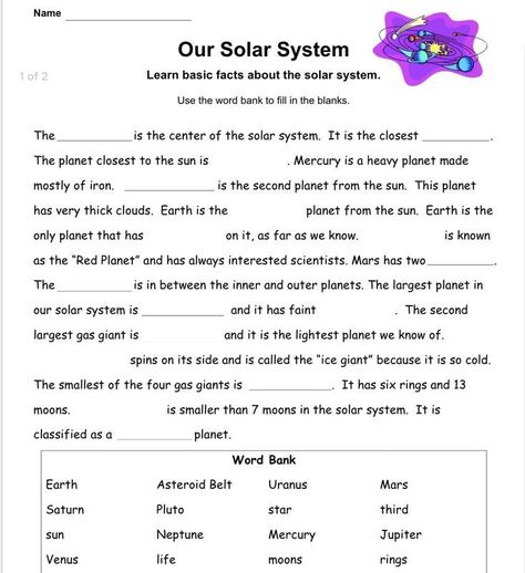 Solar System Reading Comprehension, Solar System Worksheets For Grade 3, Solar System Worksheets, Earth Science Lessons, Space Lessons, Lesson Plan Examples, Kindergarten Phonics Worksheets, Homeschool Worksheets, Classroom Anchor Charts