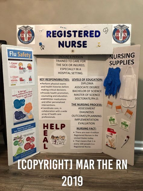 Career Day Tri-Fold: Registered Nurse  #careerday #registerednurse #nurselife #becomeanurse #bestjobever Nurse Project Ideas, Career Day Booth Ideas, Cute Poster Board Ideas For School Projects, Career Day Ideas For Nurses, Career Board Project, Career Trifold Board Ideas, Career Booth Ideas, Trifold Poster Board Ideas Medical, Tri Fold Board Ideas Projects