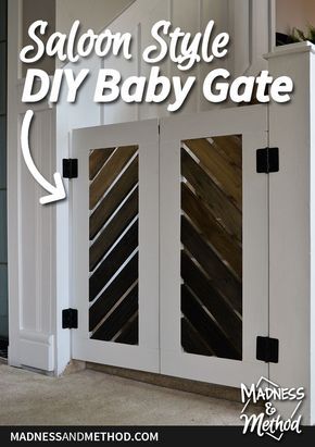 This rustic saloon style DIY baby gate is the perfect solution to prevent baby from going up the stairs when you don't have a lot of door swing space. Half Door Ideas, Diy Saloon Doors, Indoor Pet Gate, Diy Dog Gate, Barn Door Baby Gate, Baby Gate For Stairs, Diy Baby Gate, Pet Gates, Rustic Stairs