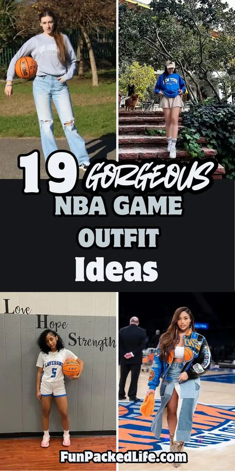 Image showcases four stylish NBA game outfit ideas with the text "19 Gorgeous NBA Game Outfit Ideas" prominently displayed. Outfits include a casual sweatshirt with ripped jeans and sneakers, a sporty hoodie paired with a mini skirt and cap, a basketball jersey with matching shorts, and a trendy denim skirt styled with a Knicks bomber jacket and boots. The theme combines comfort, team spirit, and trendy fashion for game-day looks suitable for basketball fans. Courtside Outfit Basketball Style, Sports Events Outfits, Cute Nba Game Outfit, Houston Rockets Outfit Women, Basketball Outfit For Women Game, Nba All Star Weekend Outfit Women, Rockets Game Outfit, Nba Date Night Outfit, Basketball Game Date Outfit