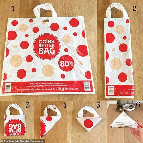 Coles shopper shares his simple trick to folding shopping bags that will save you space  | Daily Mail Online Bag Folding Trick, How To Fold Reusable Bags Shopping, Plastic Bag Folding Hack, How To Fold Shopping Bags, How To Fold Plastic Bags, How To Fold Reusable Grocery Bags, Folding Plastic Grocery Bags, How To Fold Plastic Grocery Bags, Folding Plastic Bags