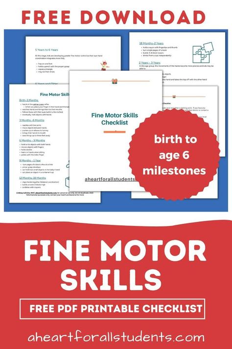 fine motor skills checklist in white text on red background with sample images of a printable checklist Fine Motor Development, Sensory Motor, Behaviour Strategies, Homeschool Routine, Motor Development, Checklist Printable, Whole Brain Teaching, Fine Motor Skills Development, Alphabet Writing