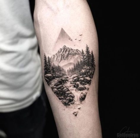 White Mountains Tattoo, Mountain With Waterfall Tattoo, Mountain Memorial Tattoo, Mountainscape Tattoo, Mountain Road Tattoo, Rocky Mountains Tattoo, Mountain Thigh Tattoo, Mila Tattoo, Wilderness Tattoo Women