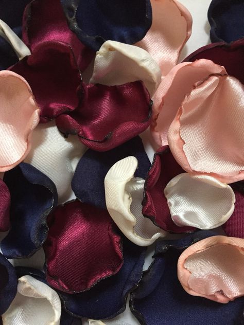 A personal favorite from my Etsy shop https://www.etsy.com/listing/505926707/blush-pink-marsala-maroon-ivory-navy Rose Petals Table Decor, Wedding Table Decorations Blue, Blue Flower Petals, Nautical Bridal Showers, Flower Girl Petals, Navy Blue Flowers, Satin Roses, Wedding Table Decor, Baby Shower Decor