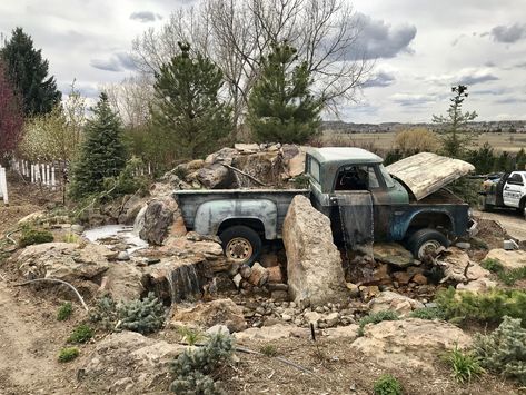 Truck Fountain, Truck Waterfall, Windmill Photoshoot, Backyard Fireplace Patio, Acreage Landscaping, Backyard Water Fountains, Pondless Water Features, Truck Decor, Outdoor Water Feature