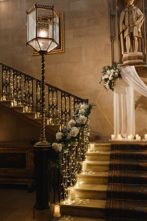 Stairs Wedding Decoration, Wedding Staircase Decoration Railings, Stairs Wedding Decor, At Home Nikkah, Home Nikkah, Wedding Staircase Decoration, Ashridge House, Staircase Wedding, Church Wedding Ideas