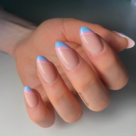 Pink Blue French Nails, Pink And Blue Nails French Tip, Nails For Gender Reveal Party, Gender Reveal Dip Nails, Gender Reveal Nails French Tip, Pink And Blue French Nails, Subtle Gender Reveal Nails, Baby Pink And Blue Nails, Short Gender Reveal Nails