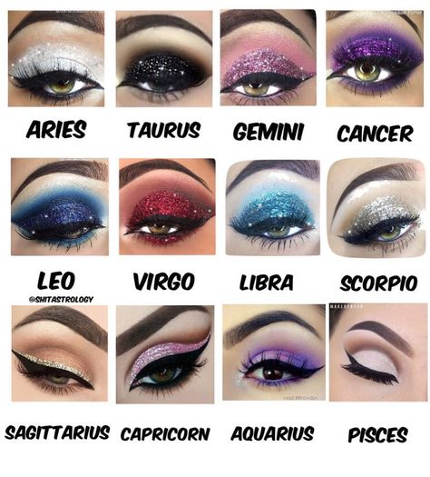 Comment ur fav eye makeup 👩‍🎨 Zodiac Makeup Chart, Hairstyles Zodiac Signs, Makeup Charts, Zodiac Sign Fashion, Zodiac Signs Chart, Makeup Hacks Beauty Secrets, Zodiac Signs Sagittarius, Zodiac Signs Leo, Zodiac Signs Gemini