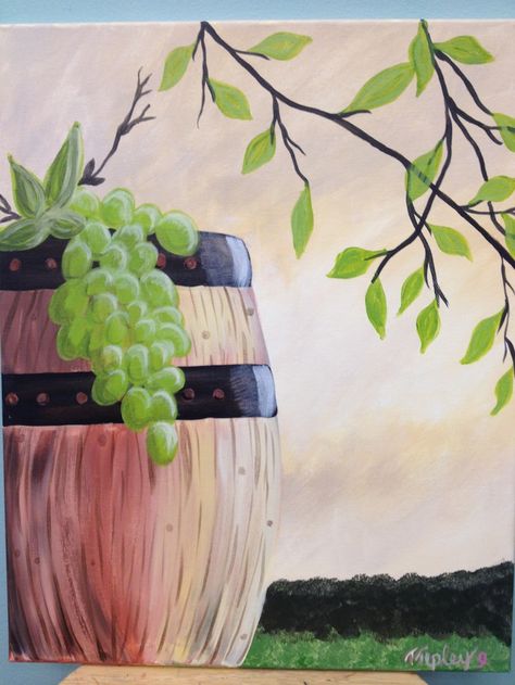 wine barrel Wine And Paint Ideas, Painting Easy Canvas, Wine From Grapes, Making Wine From Grapes, Grape Stomping, Canvas Painting Acrylic, Making Wine, Easy Landscape Paintings, Fall Canvas Painting