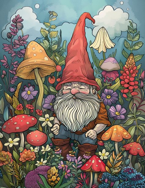 The "Gnome Garden" coloring book invites you to embark on a delightful journey into the enchanting world of gnomes and their whimsical gardens. Garden Gnome Painting, Garden Gnome Drawing, Gnome Coloring Pages, Chalk Art Festival, Fairy Garden Art, David The Gnome, Gnome Art, Gnome Paint, Garden Coloring