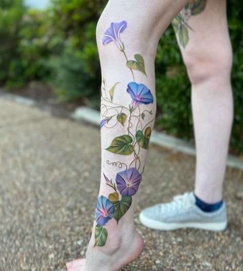 Tropical Flower Vine Tattoo, Morning Glory Flower Spine Tattoo, Morning Glory Leg Tattoo, Vine With Words Tattoo, Clematis Vine Tattoo, Moon Flower Vine Tattoo, Botanical Vine Tattoo, Tattoo Ideas Morning Glory, Morning Glory Hand Tattoo