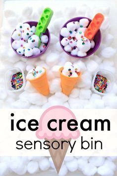 Ice Cream Sensory Bin--sensory play fun for toddlers and preschoolers. Use it for a preschool ice cream theme or summer sesnory activity for kids Ice Cream Sensory Bin, Food Ideas For Toddlers, Ice Cream Sensory, Ice Cream Crafts, Sensory Tubs, Sensory Activities Toddlers, Summer Preschool, Ice Cream Theme, Toddler Sensory