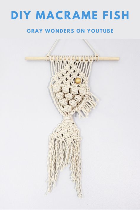 How to make a macrame fish! #macrame #macramewallhanging #macrameart #macrameforbeginners #diymacrame #diyhomedecor #diyhomecrafts #diywalldecor Fish Bone Macrame, Macrame Fish Tutorial How To Make, Macrame Fish Wall Hanging, Macrame Fish Tutorial, Beach Macrame, Macrame Fish, Macrame Wall Hanging Tutorial, Free Macrame Patterns, Macrame Plant Hanger Patterns