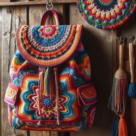 Colorful Crochet Backpack - Free Pattern Crochet A Bag, Easy Crochet Bag, Purse Patterns Free, Crochet Cowl Free Pattern, Crochet Backpack Pattern, Mochila Crochet, Crochet Boho Bag, Granny Square Pattern, Crochet Backpack