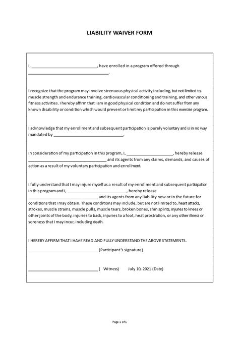 Waivers of Responsibility Forms are used extensively in many places to release each other from possible liability. Use and download this template now. Liability Waiver Form, Liability Waiver, Form Example, Endurance Training, Business Letter, Financial Instrument, Business Templates, Fitness Activities, Business Template