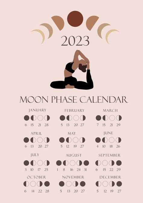 Moon phases calendar 2023 with a girl doing yoga. Waning gibbous, Waxing crescent, New moon, Full moon with dates. Moon Phases Calendar, New Moon Full Moon, Full Moon Phases, New Moon Phase, Moon Date, Moon Phase Calendar, Moon Time, Moon Full, Moon Calendar