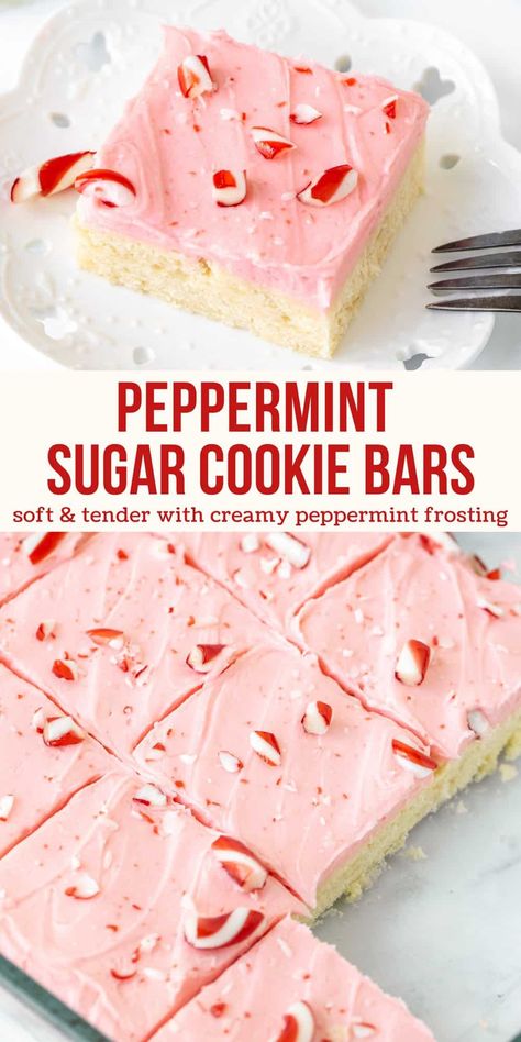 If you love thick and tender sugar cookies with creamy frosting - then you'll love these peppermint sugar cookie bars! They're quick and easy to make with a delicious hint of peppermint, creamy peppermint frosting and crushed candy canes on top. #peppermint #sugarcookies #sugarcookiebars #recipe #peppermintfrosting #candycanes #christmasbaking #christmascookies #cookiebars from Just so Tasty Peppermint Squares Recipe, Everything Cookie Bars, Peppermint Cookie Bars, Easy Baking Recipes For Christmas, Candy Cane Baked Goods, Holiday Baked Goods Christmas, Peppermint Baking Recipes, Christmas Baking Snacks, Peppermint Sugar Cookie Bars