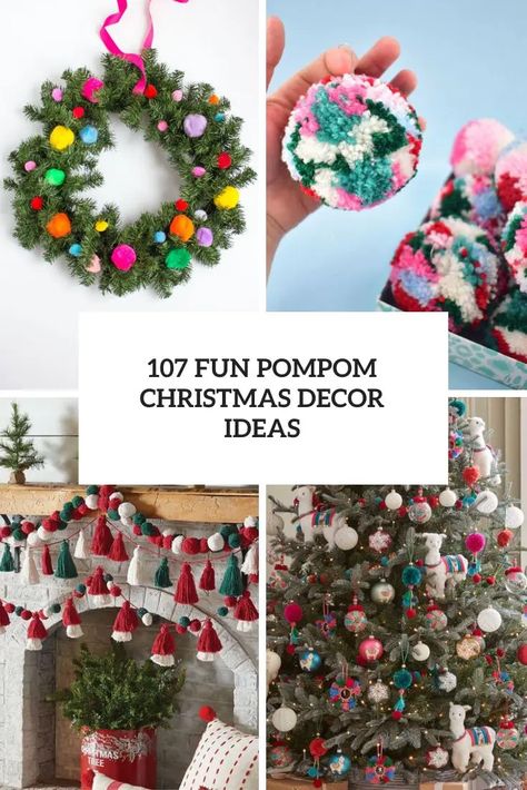 fun pompom christmas decor ideas cover Christmas Tree With Pom Pom Garland, Pompom Christmas Decorations, Pompom Decorations, Christmas Pompom, Pom Pom Christmas, Winter Decorations Diy, Christmas Accents, Charming Christmas, Pom Pom Garland