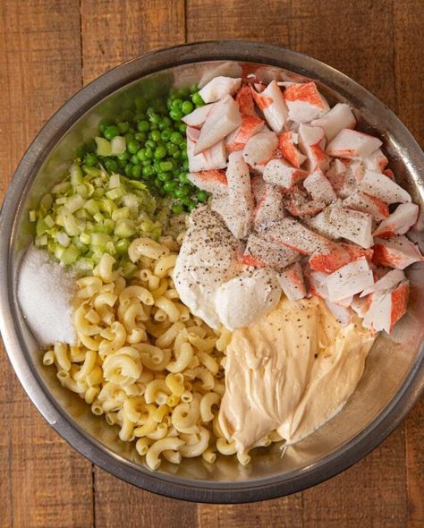 Seafood Pasta Salad is just as creamy and delicious as a classic pasta salad, but with flavorful crabmeat and colorful peas topping the elbow macaroni. #dinner #pastasalad #seafood #crab #crabsalad #seafoodsalad #sidedish #dinnerthendessert Seafood Pasta Salad, Seafood Pasta Salad Recipe, Crab Pasta Salad, Seafood Salad Pasta, Classic Pasta Salad, Crab Pasta, Crab Salad Recipe, Sea Food Salad Recipes, Cold Pasta Salad