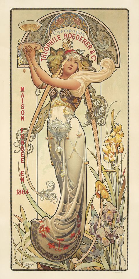 Champagne Poster, Art Nouveau Painting, Art Nouveau Mucha, Motifs Art Nouveau, Illustration Art Nouveau, Alcohol Art, Alphonse Mucha Art, Design Art Nouveau, Nouveau Illustration