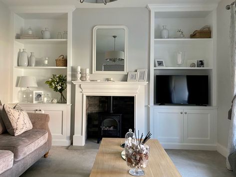 Alcove With Tv, Cupboards Around Fireplace, Built In Cupboards Living Room, 1930s Fireplace, Alcove Ideas Living Room, Alcove Shelves, Log Burner Living Room, Alcove Cabinets, House Renovation Design