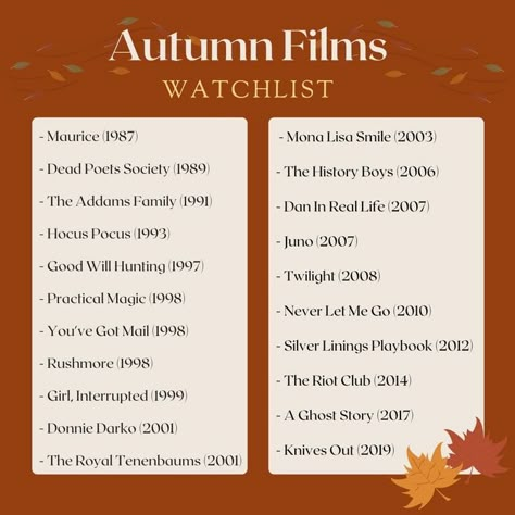 Films To Watch In Autumn, Autumn Tv Shows List, Autumn Series To Watch, Autumn Vibes Movies, Fall Tv Shows List, Fall Series To Watch, Fall Movie Watch List, Autumn Shows To Watch, Fall Tv Show List