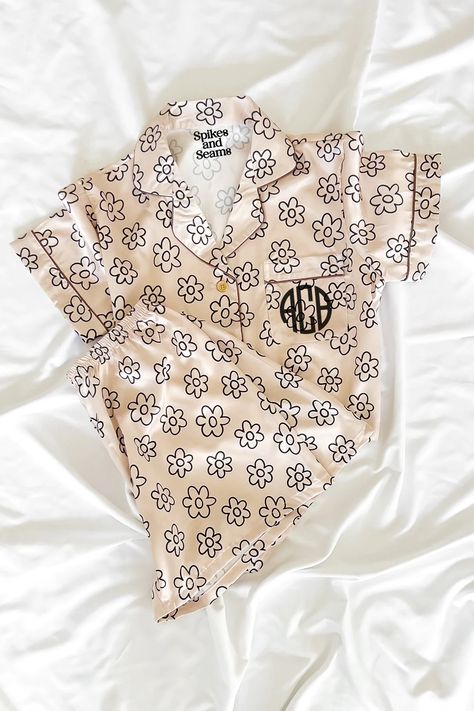 Beige Daisy custom satin pajamas – Spikes and Seams Sorority Pajamas, Kappa Delta Chi, Phi Sigma Rho, Silk Pjs, Alpha Epsilon Phi, Sigma Delta Tau, Theta Phi Alpha, Delta Phi Epsilon, Alpha Omicron Pi