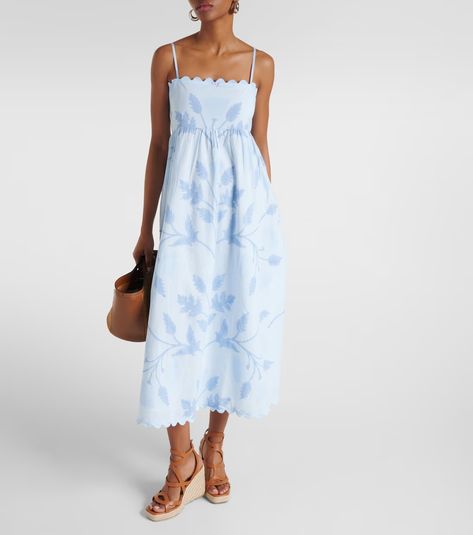 Scalloped floral cotton midi dress in blue - Juliet Dunn | Mytheresa Spring Knitwear, Spring Sunglasses, Midi Skirt Spring, Alexander Mcqueen Clothing, Designer Shopping, Cotton Midi Dress, Family Wedding, Blue Midi Dress, Scarf Hairstyles