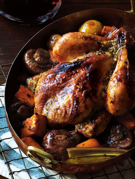 Cider & Maple-Glazed Chantecler Chicken with Roasted Leeks, Sweet & Baby Potatoes & Mushrooms Fall Roasted Chicken, Apple Cider Roasted Chicken, Roasted Chicken Quarters, Whole Roast Chicken Recipe, Roasted Leeks, Chicken Quarters, Whole Roasted Chicken, Maple Glaze, Baby Potatoes