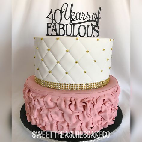 40 years of fabulous 💕💕  #sweettreasures #sweettreasurescakeco #cake #johannesburg #southafrica #birthday #jozi #celebrations #celebrationcakes #party #40thbirthdayparty #40yearsold #40yearsyoung #fondantrufffles #gold #pink #white #customcaketopper 40 Year Old Cake Ideas, 40 And Fabulous Cake, 40 & Fabulous, 40 And Fabulous, Crown Cake, 40th Birthday Cakes, Birthday Cakes For Women, Cakes For Women, Custom Cake Toppers