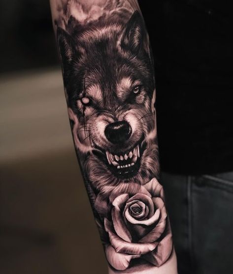 Wolf With Red Eyes Tattoo, Tattoo Wolf Men, Wolf Arm Tattoo, Angry Wolf Tattoo, Wolf With Red Eyes, Angry Wolf, New York Tattoo, Tattoo Cover-up, Wolf Tattoos